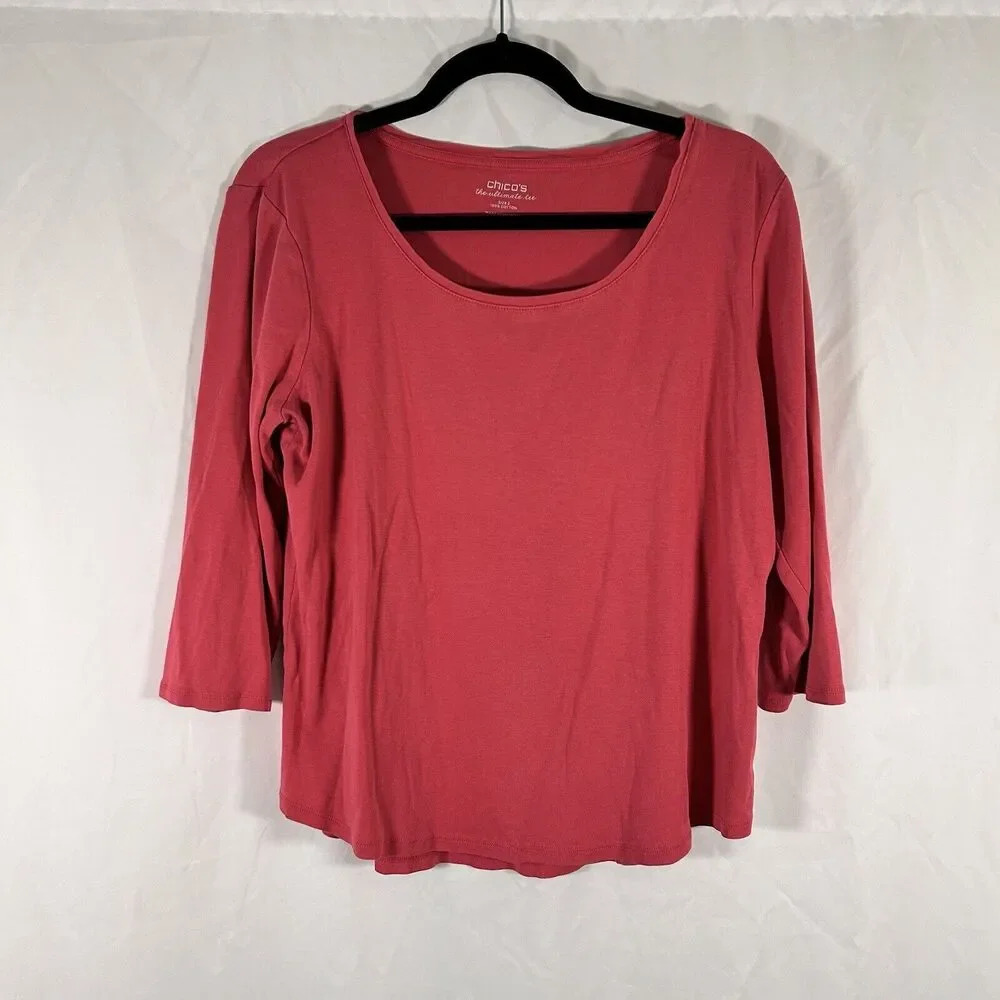 Chico's Blouse Women's 2 Large Pink Long Sleeve Round Neck Ultimate Tee